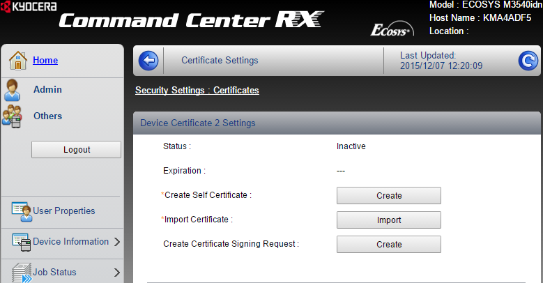 Importing a certificate in the device web UI