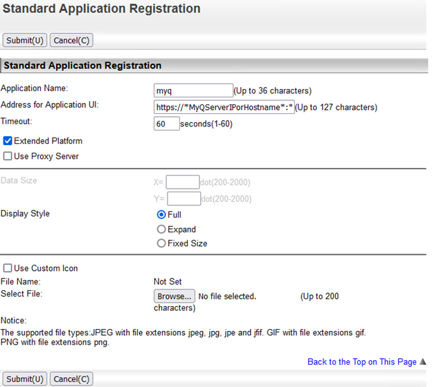 Device web UI - standard application registration