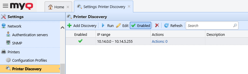 Printer Discovery settings tab