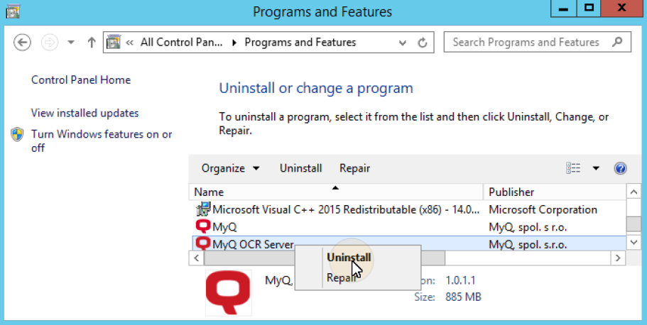 Uninstalling the MyQ OCR Server