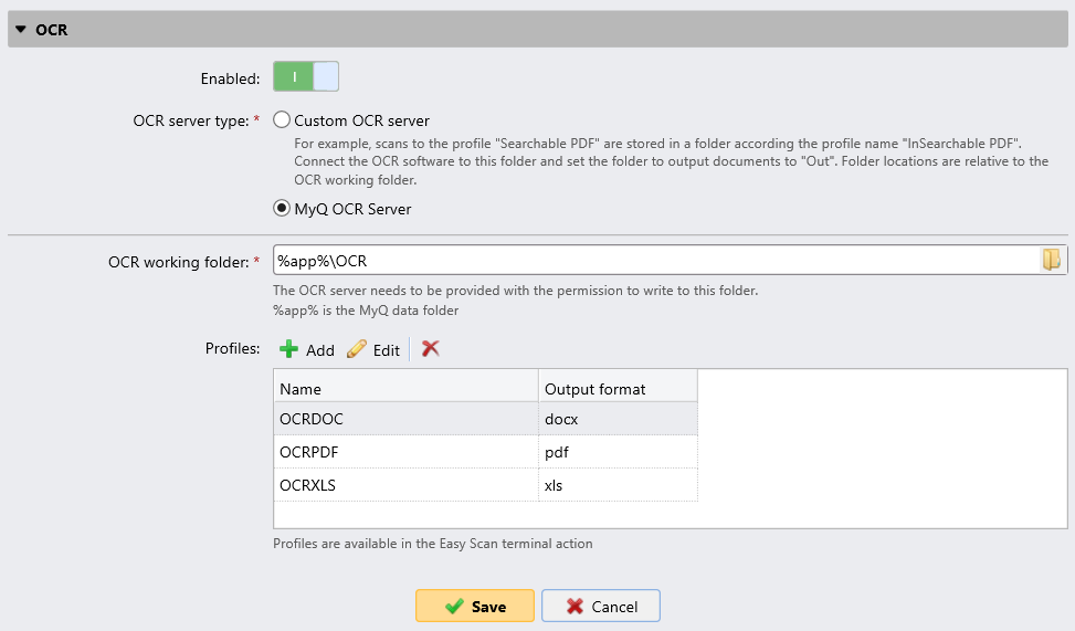 OCR settings in the MyQ web UI