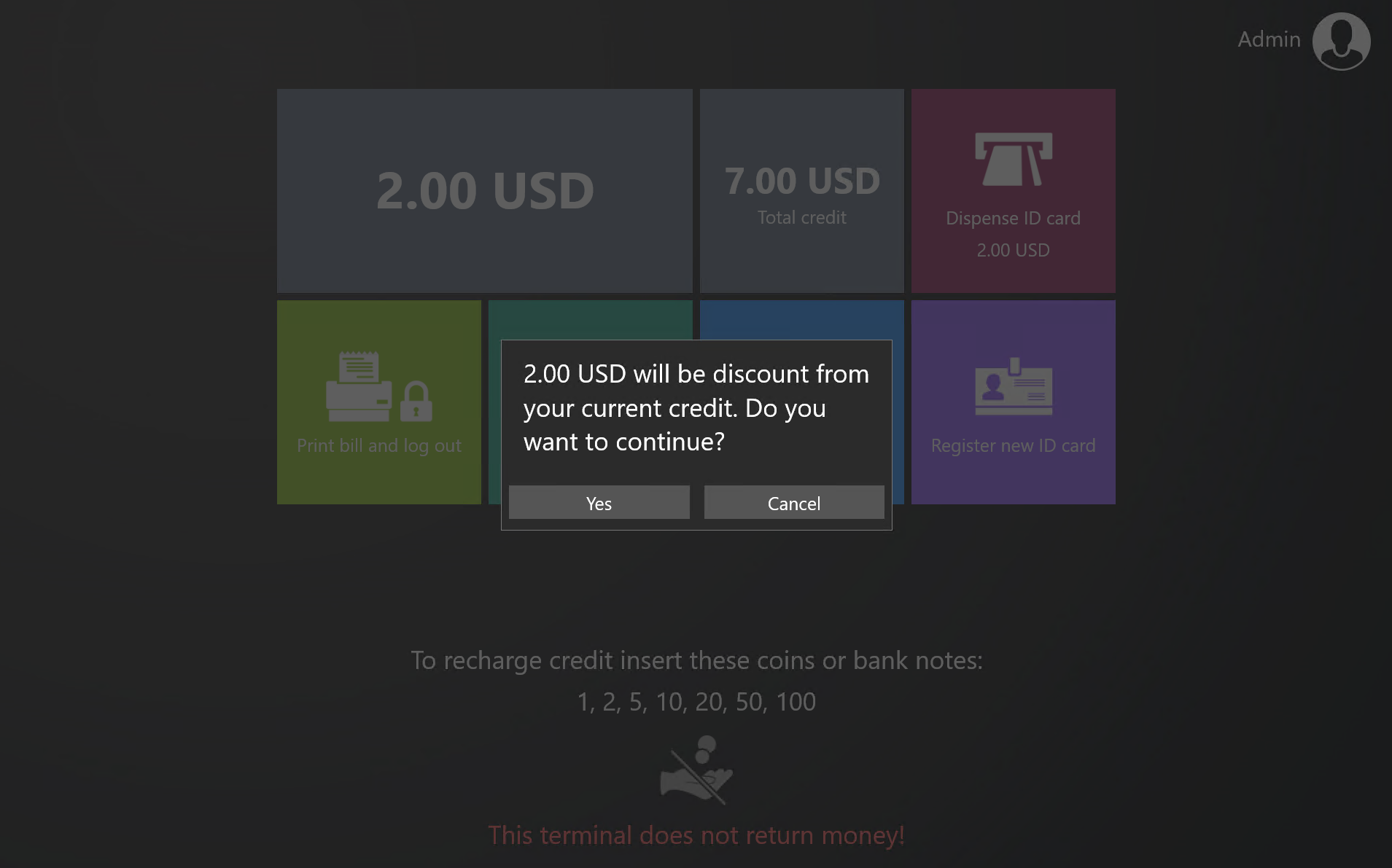 Card cost pop up message