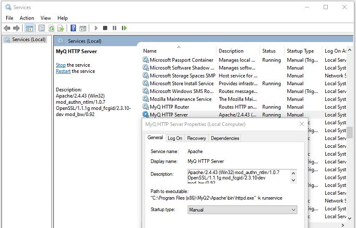 Setting MyQ HTTP server service to manual startup