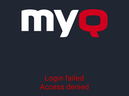 Login failed message on the MyQ Touch Panel