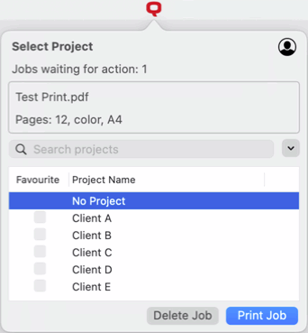 Selecting a project from the list