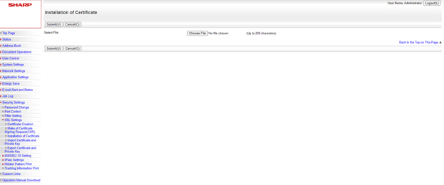 Sharp older web UI - certificate installation