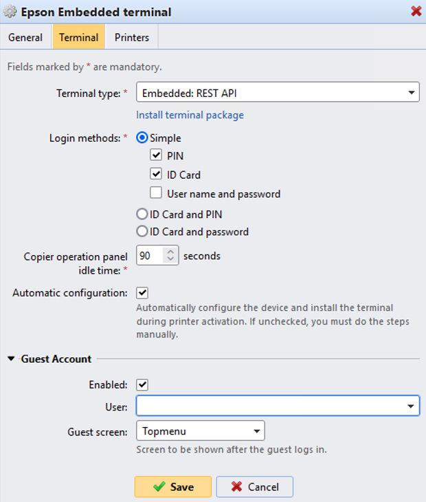 Configuration profile Terminal tab settings