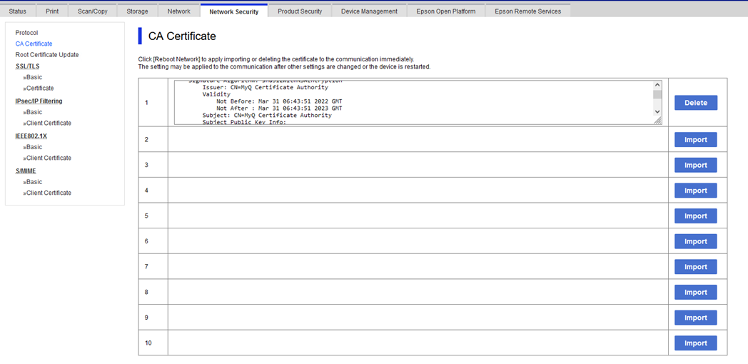 Importing the certificate in the device web UI