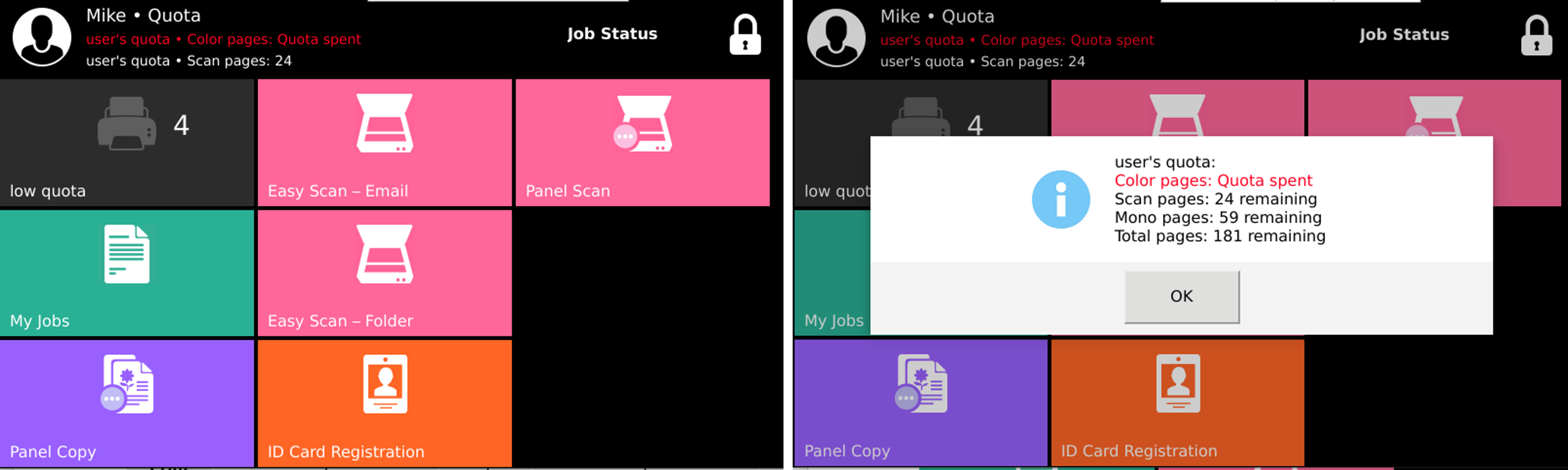 Quota information pop-up on the terminal