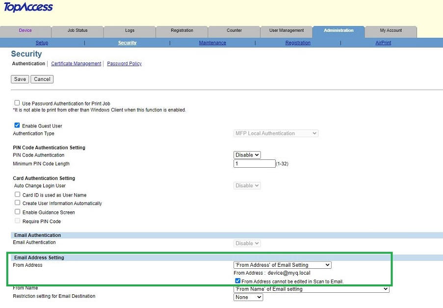 Email Address Setting - older device models