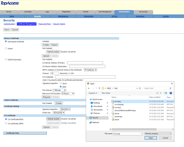 Installing the certificate on the device web UI
