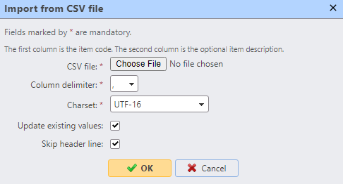 Import from CSV file panel