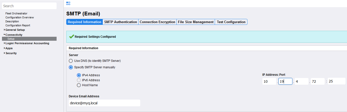 SMTP settings on the EIP 4.0 web UI