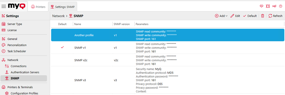 SNMP settings on the MyQ web UI