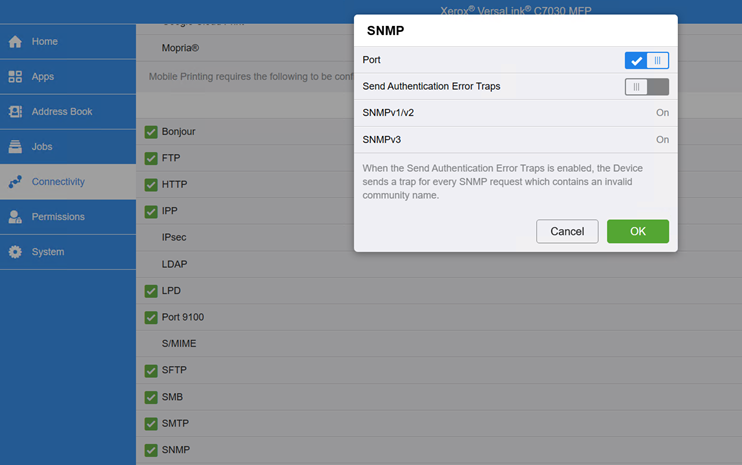 SNMP settings on 3.7 devices