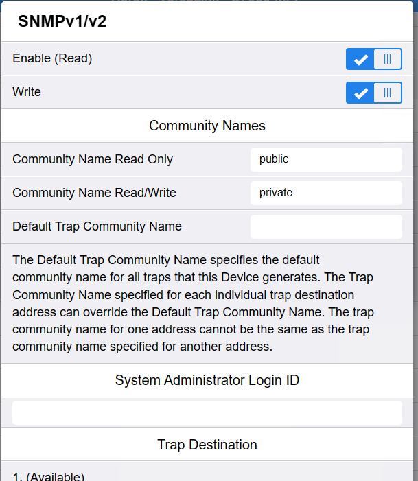 SNMP community names settings
