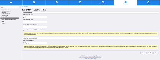 SNMP setting on the device web UI