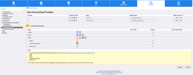 User Accounting prompts settings on the EIP 4.0 web UI