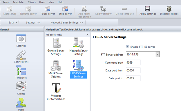 Paramètres du serveur ScannerVision FTP-ES avec FTP-ES activé, l'adresse du serveur FTP, ainsi que les ports de commande et de données