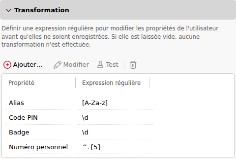 Section de transformation avec des expressions régulières définies pour les alias, les codes PIN, les badges et les numéros personnels