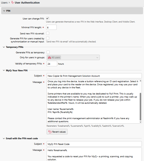 PIN Settings