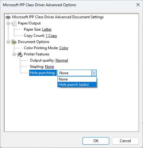 Options avancées du pilote de classe IPP de Microsoft avec la liste de perforation ouverte