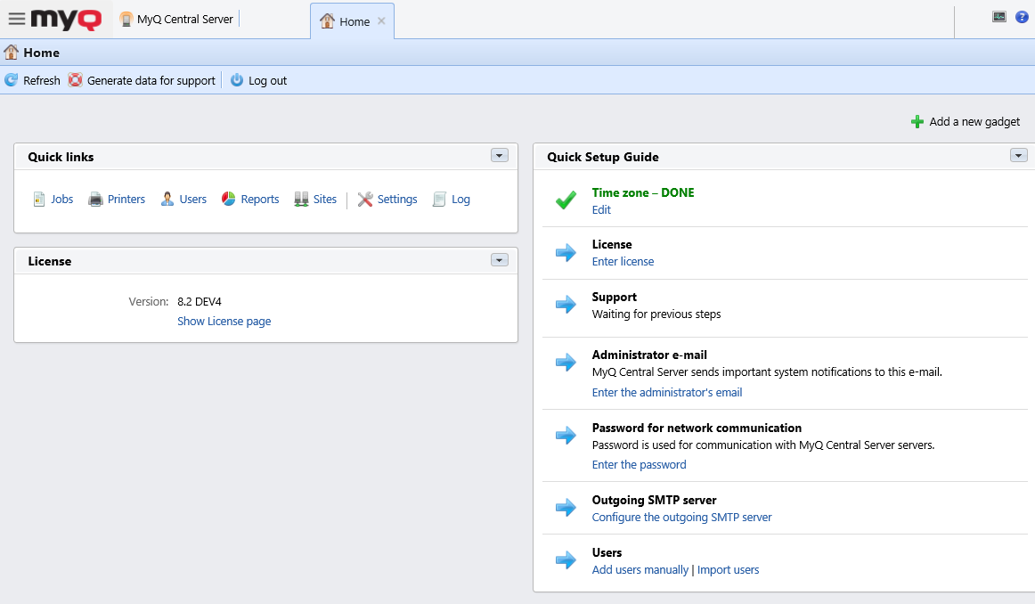 MyQ web UI - Home dashboard