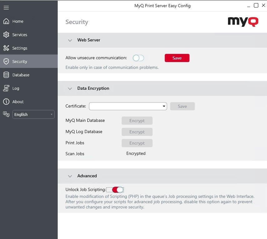 Onglet Sécurité d’Easy Config | MyQ X Server (Print Server) | MyQ X ...