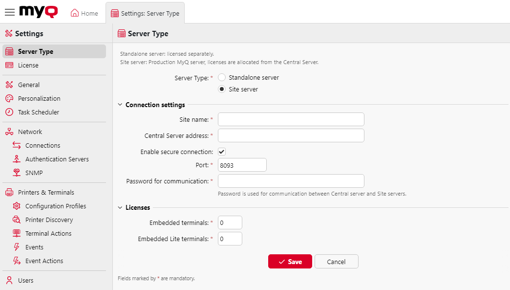 Server type settings tab
