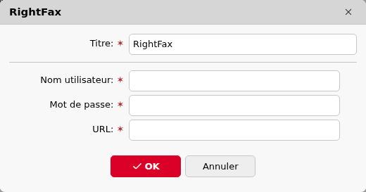 Boîte de dialogue de connexion à RightFax avec les champs Titre, Nom d'utilisateur, Mot de passe et URL