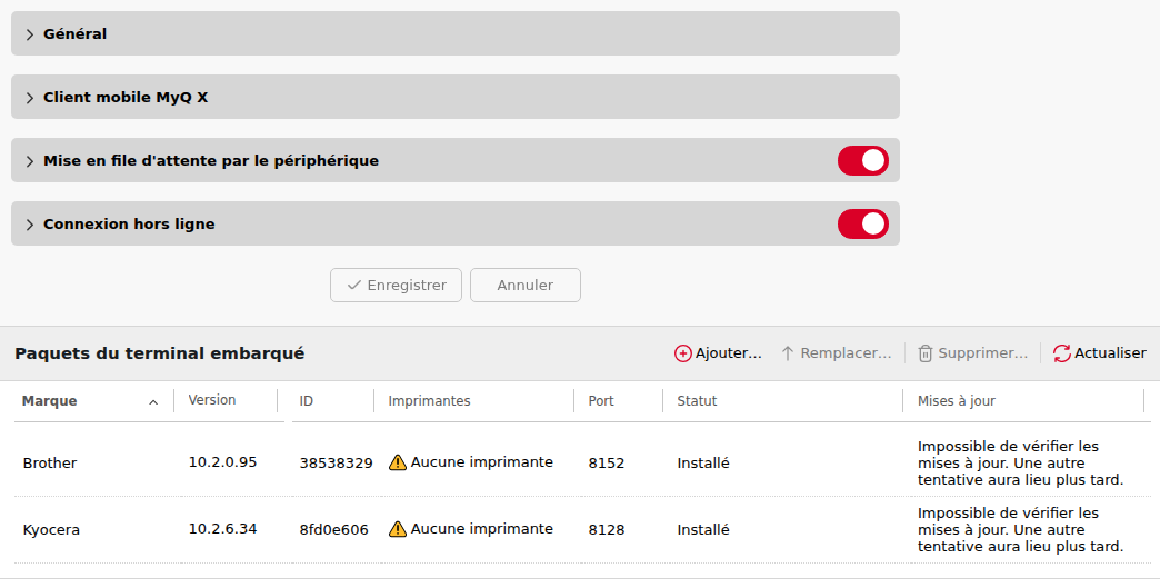 Paramètres des imprimantes et des terminaux avec sections repliées et liste des paquets du terminal embarqué