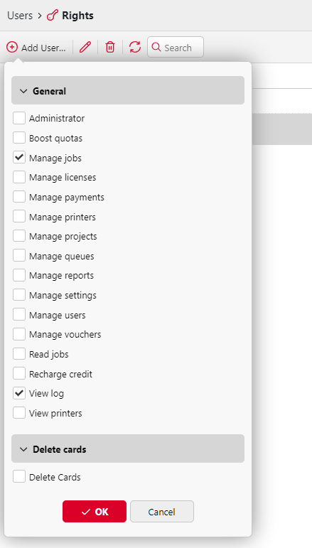 User rights menu