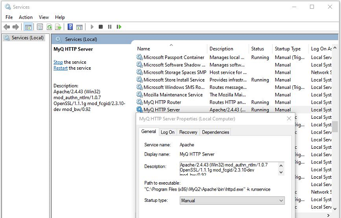 Configuration du service du serveur HTTP MyQ pour un démarrage manuel