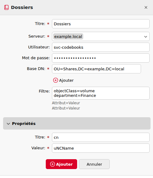 Nouveau panneau des propriétés du livre de code source LDAP avec les champs Serveur, DN de base, Filtre et Propriétés