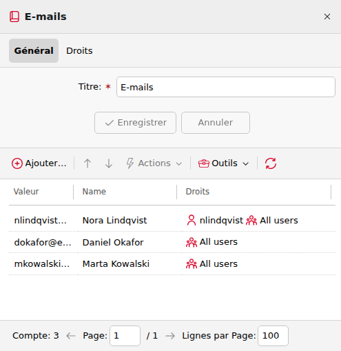 Propriétés de la liste de codes interne