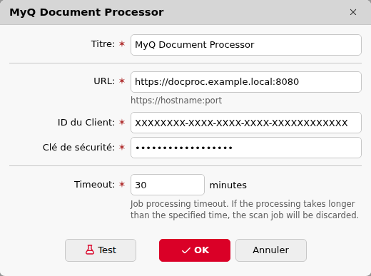 Paramètres de connexion du Document Processor