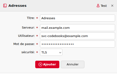 Nouveau panneau des propriétés du livre de codes MS Exchange avec les champs Titre, Serveur, Utilisateur, Mot de passe et Sécurité