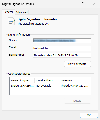 Digital Signature Details window with the View Certificate button