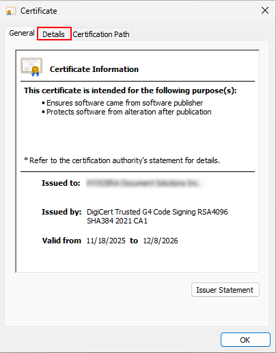 Certificate window, General tab, showing the certificate purpose, issuer, and validity dates