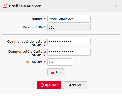 Propriétés du profil SNMP v2c avec communauté de lecture et d'écriture et port SNMP