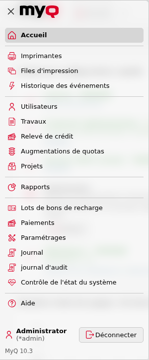 Menu principal comprenant les onglets Accueil, Imprimantes, Utilisateurs, Travaux, Rapports, Paramètres, Journal et autres