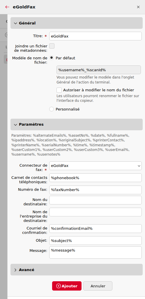 Propriétés de destination eGoldFax avec connecteur de fax, répertoire téléphonique, numéro de fax, champs destinataire et message