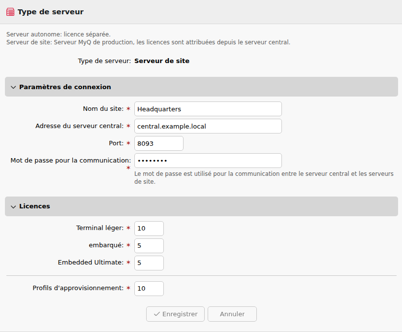 Paramètres du type de serveur en mode Site