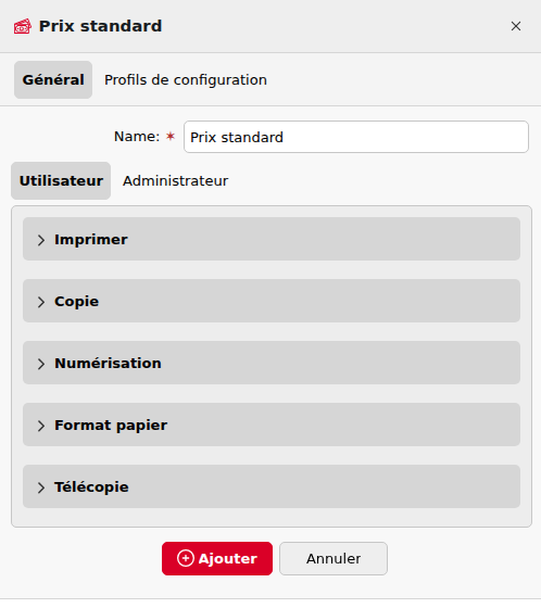 Panneau des propriétés de la liste de prix, onglet Général, Prix utilisateur avec les sections Impression, Copie, Numérisation, Format du papier et Fax