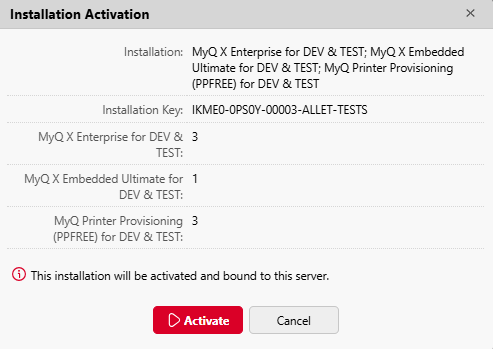 Installation activation summary