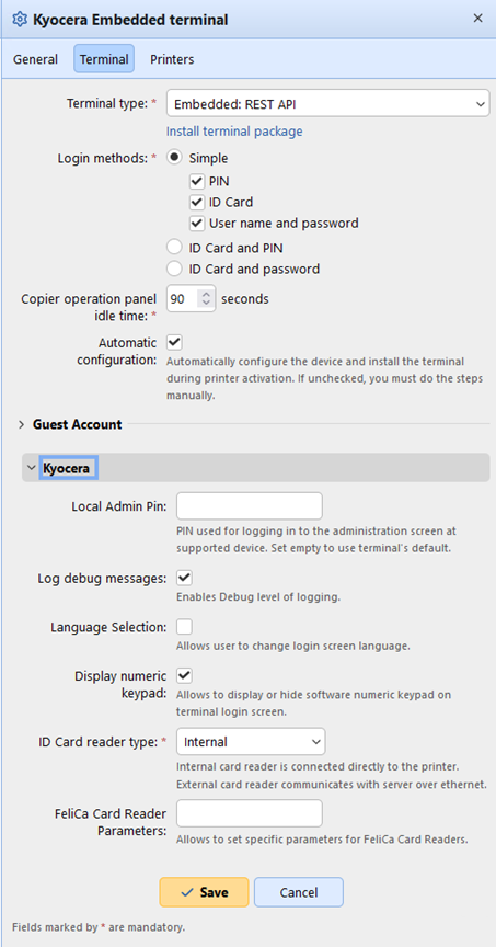 Configuration profile settings - Terminal tab