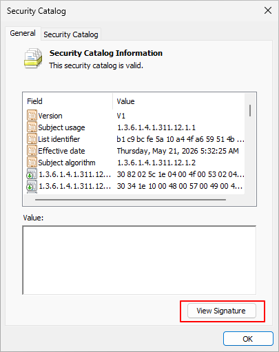 Security Catalog window, General tab, with the View Signature button