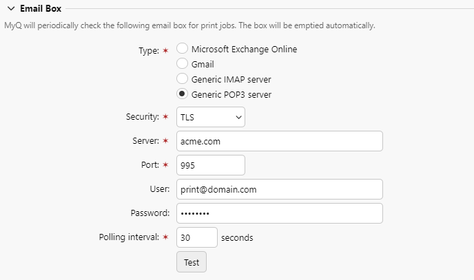 Email Box settings