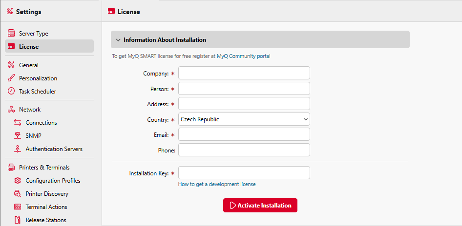 Registration and activation form