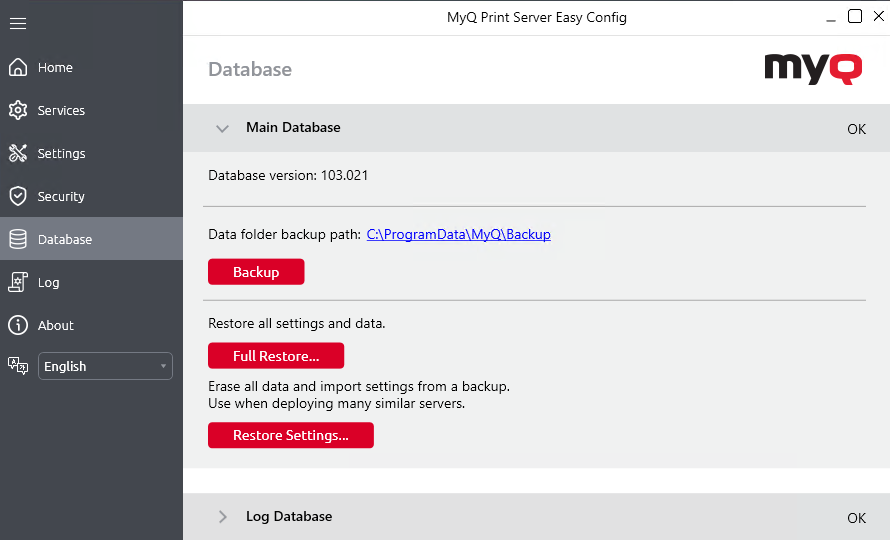 Onglet « Base de données » d’Easy Config | MyQ X Server (Print Server ...